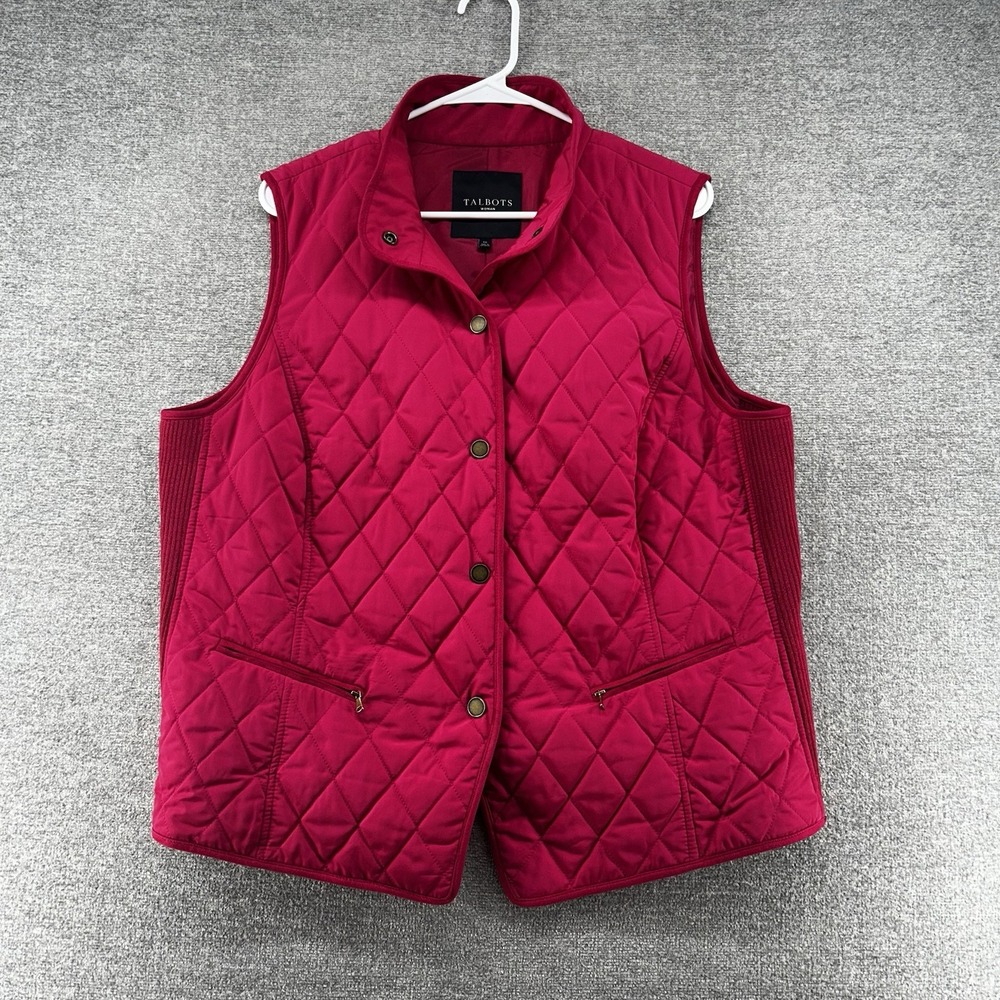 Talbots Quilted Vest Women Size 1X Red Button Casual Wool